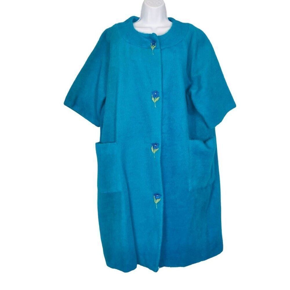 Vintage 50s 60s La Mar Frocks Robe Teal Blue Bathrobe Floral Womens L Faux Fur